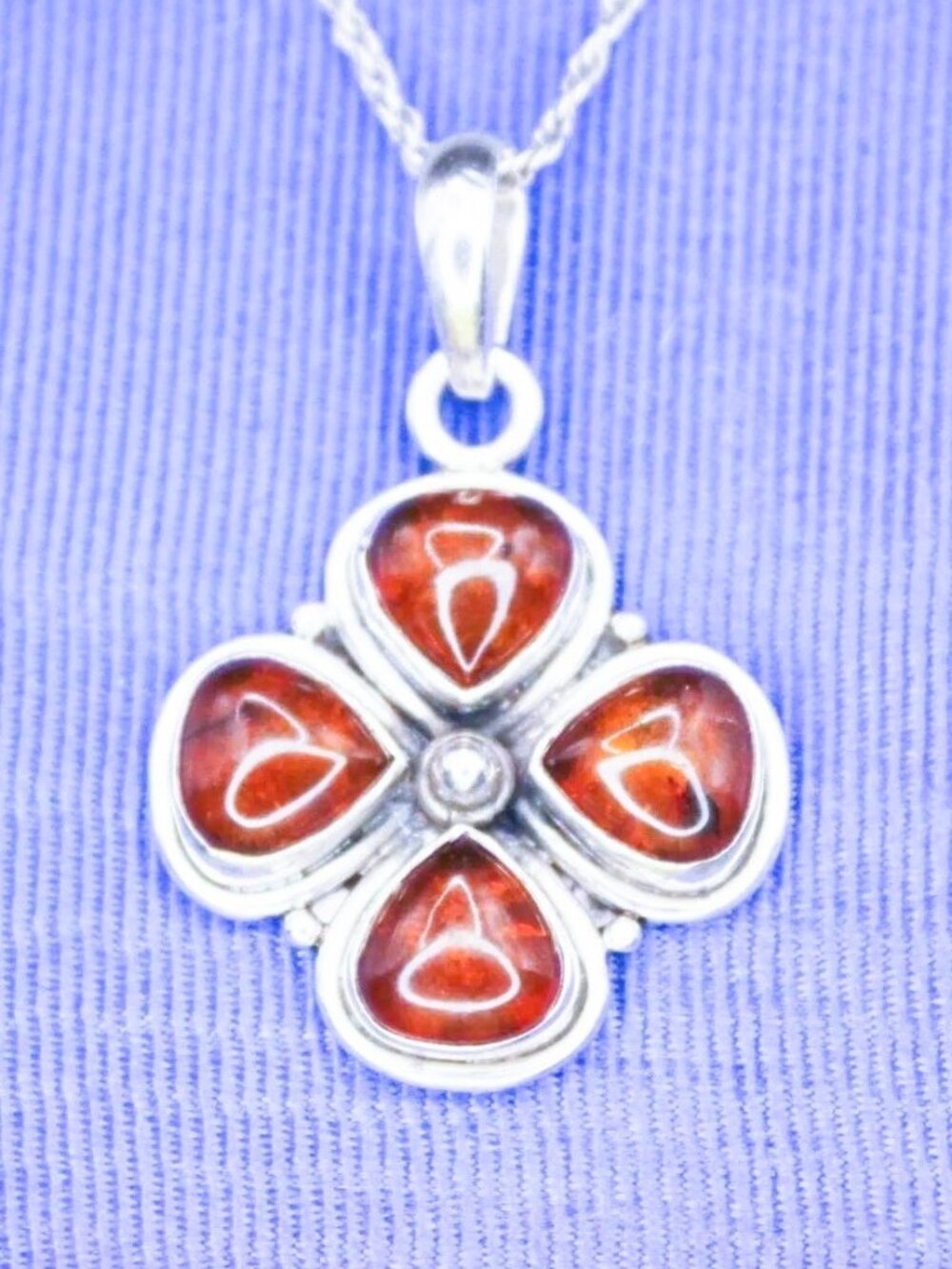 Vintage 925 Sterling Silver Amber Flower Pendant Necklace 18" Floral Statement